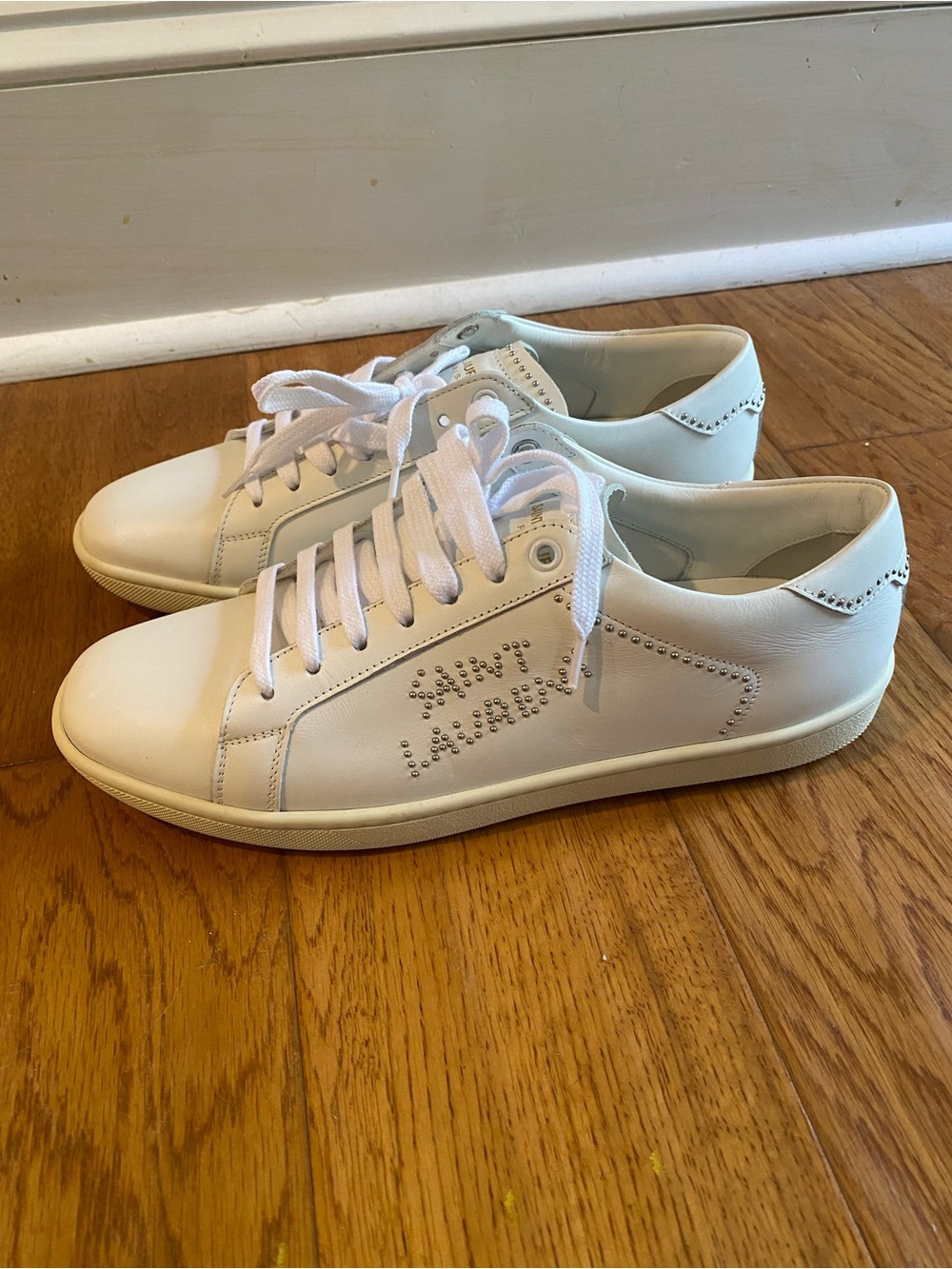 Saint Laurent White Leather Low-Top Sneakers with Stud Logo - Picture 3 of 15